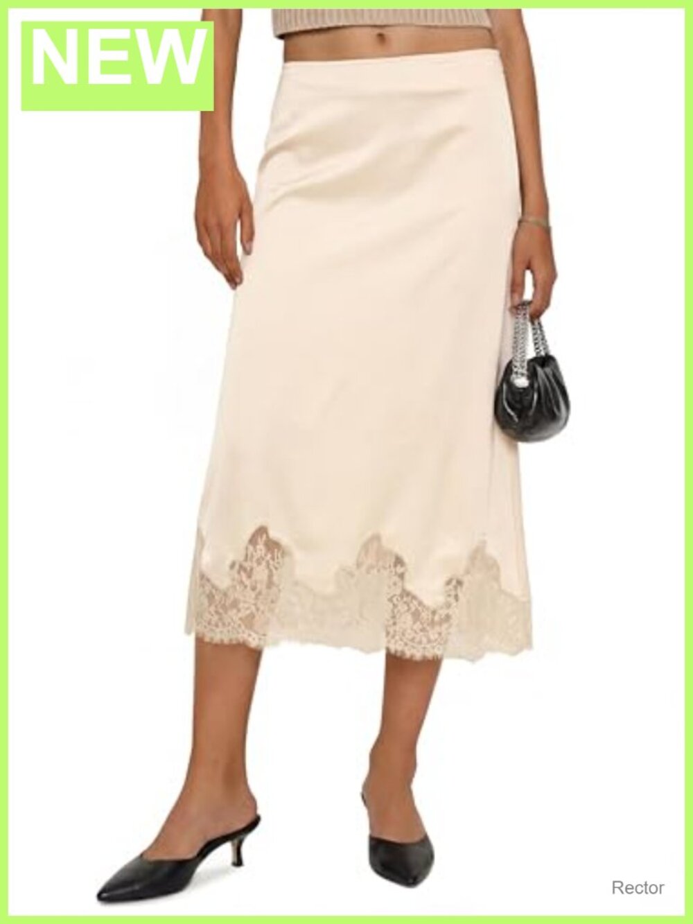 Women Satin Midi Skirt A-Line Lace Hem Elegant High Waist